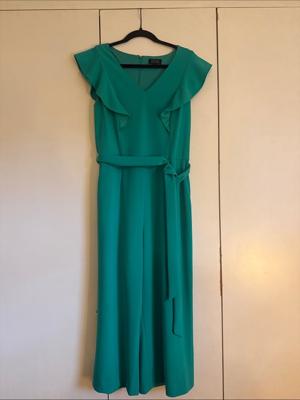 Tahari Ruffle-Sleeve Belted Jumpsuit